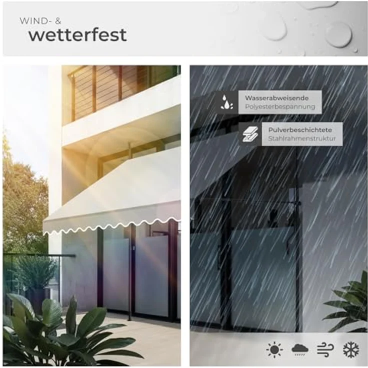 tectake® Klemmmarkise mit Handkurbel, Balkon Markise ohne Bohren, Markise höhenverstellbar, UV-beständig, wasserabweisend, Terrassenüberdachung, Sonnenschutz Terrasse & Balkon, Breite 300 cm -hellgrau – Bild 5