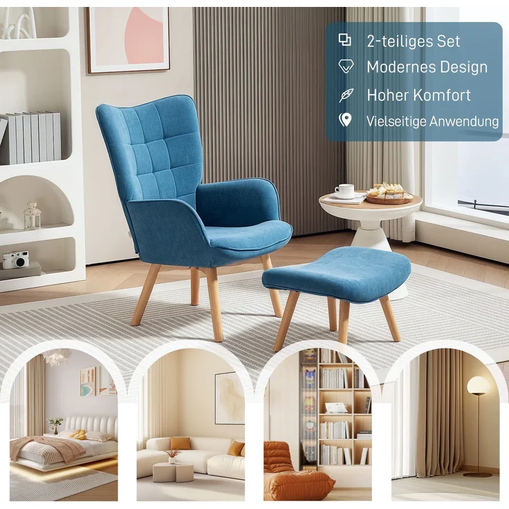 Sessel mit Hocker, Ohrensessel mit Hoher Rückenlehne, Holzbeine, Loungesessel mit getuftetem Design, Cord-Optik, für Wohnzimmer, Blau--Blau--72x80x101cm--YOUDENOVA – Bild 6