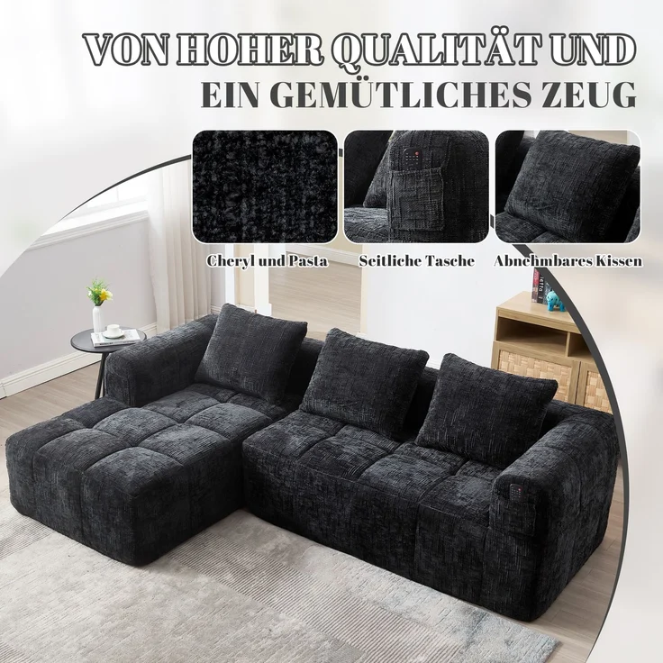 EINHOM Modernes Sektionssofa, L-Sofa, 3-Sitzer-Sofa, keine Installation erforderlich, Chenille-Sofa mit Chaiselongue und Armlehnen, 3 Kissen, Seitentasche für Fernbedienung, Schwarz – Bild 5