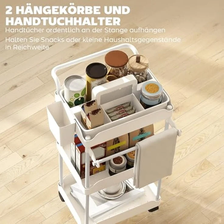 HOMCOM Küchenwagen mit 3 Ebenen, hängenden Körben, Tuchhalter, (Servierwagen, 1 St, Rollwagen), für Wohnzimmer Küche Bad Büro Weiß – Bild 4