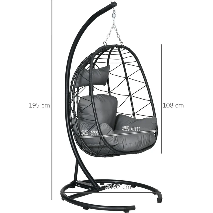 Hängesessel aus PE-Rattan mit Stahlgestell, klappbarer Korb, 102x102x195 cm, Schwarz – Bild 3