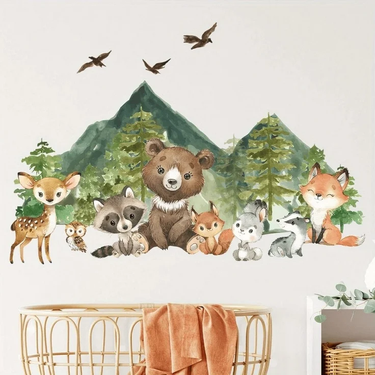 Montegoni Wandsticker Kinder Tier Wandaufkleber Dekoration (lächelndes Gesicht Bär, Hirsch, Fuchs,Baum, Bergtier Wandaufkleber), Wandtattoo mit Waldtieren für Schlafzimmer,Kinderzimmer – Bild 2