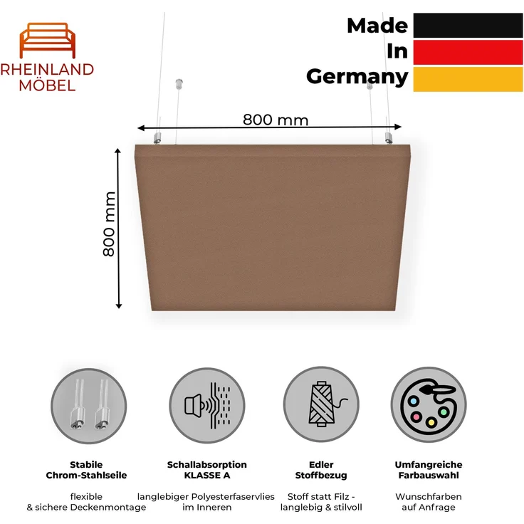 Rheinland Möbel FocusWall DAQ0808 – Quadratischer Akustik-Deckenabsorber 80×80 cm in Stofffarbe Sandstorm inkl. Chrom-Stahlseilen - Made in Germany - Klasse A, Stoffbezug, schwer entflammbar – Bild 2