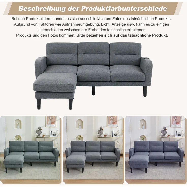 EINHOM Ecksofa L-Form Sofa 3-Sitzer mit Chaiselongue, kleines Ecksofa aus, An der Seite befindet sich eine Aufbewahrungstasche, 10 Sofabeine, Geeignet für das Wohnzimmer, 204 x 136 x 80 cm, Grau – Bild 7