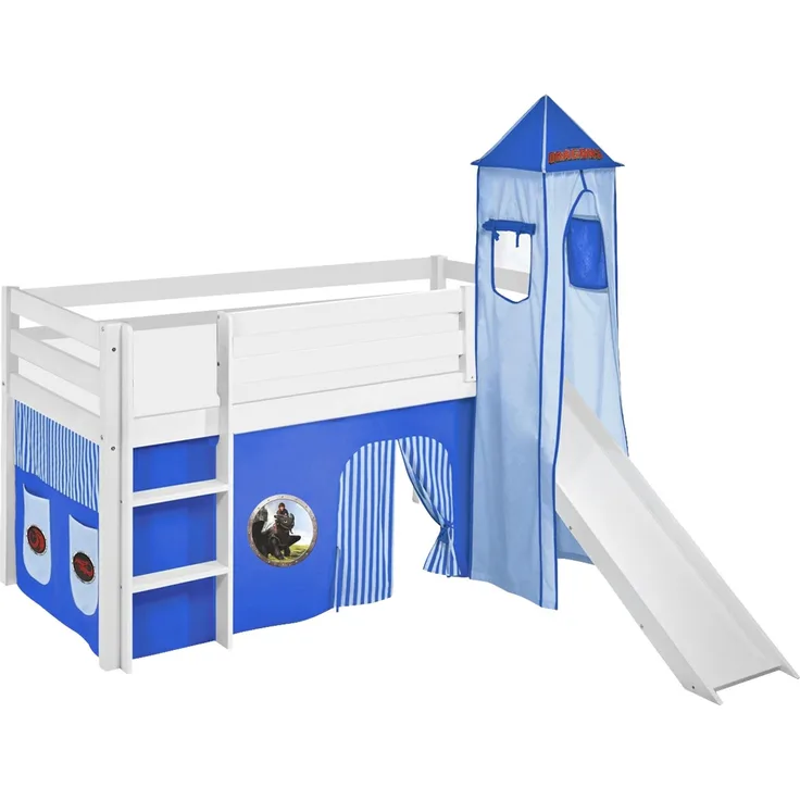 Lilokids 'Jelle' Spielbett 90x190 cm, Dragons Blau, Kiefer massiv, mit Turm, Rutsche und Vorhang