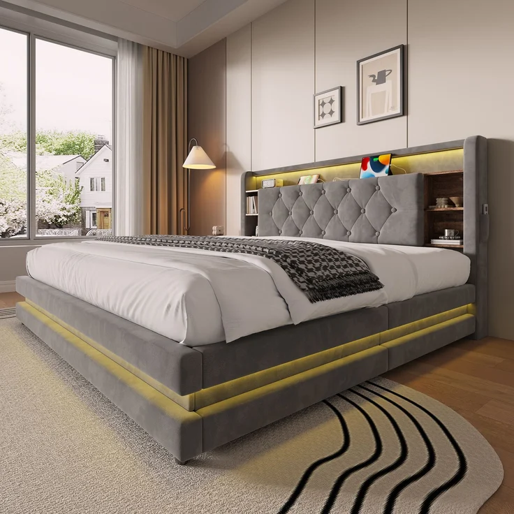 TavilaEcon Boxspringbett Samtbett, Polsterbett mit LED-Beleuchtung & USB-Ladefunktion grau Liegefläche 160 × 200 cm – Bild 8