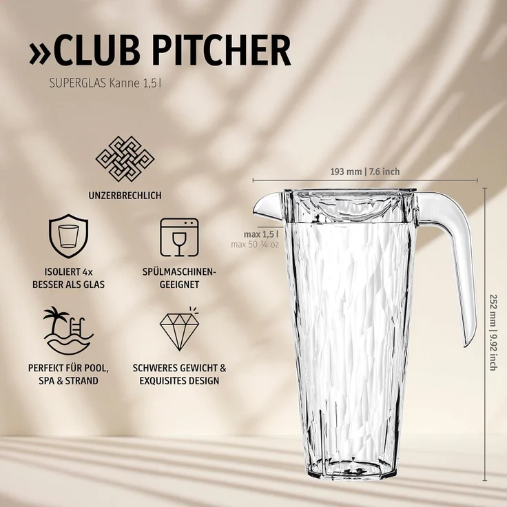 Koziol Superglas Kanne Club Pitcher, Wasserkrug, Karaffe, Kunststoff, Crystal Clear, 1. 5 L, 4687535 – Bild 2