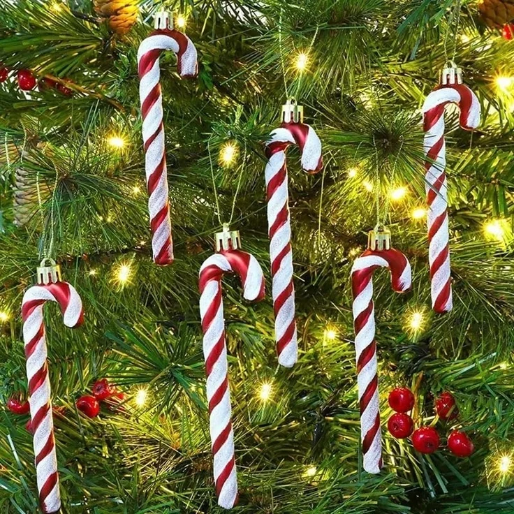 6er-Set – Zuckerstangen-Baumkugeln, glänzende Weihnachtsdeko aus Kunststoff (Rot) – Bild 2