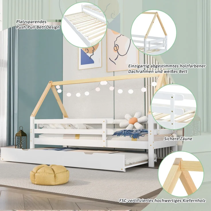 Baumhausbett, Tagesbett, Einzelbett, Kinderbett, Ausziehbett, Schiebebett mit Rollen unten, Massivholz, weißes Bett, naturfarbener Dachstuhl (90x200 & 90x190CM) – Bild 6