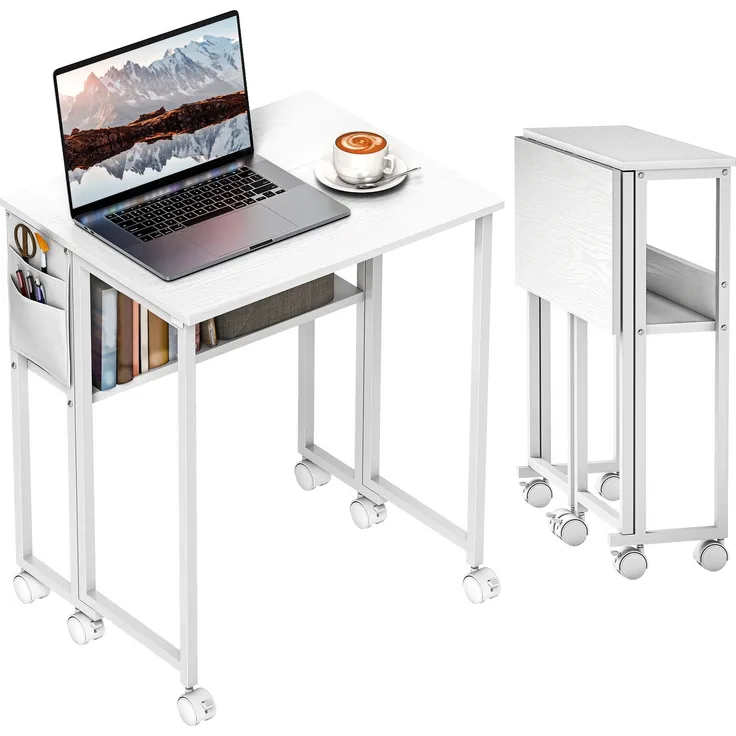 MELAYR, Faltbarer Schreibtisch, zum Beistelltisch umwandelbar, offenes Regal, Weiß, 63 x 50 x 75 cm