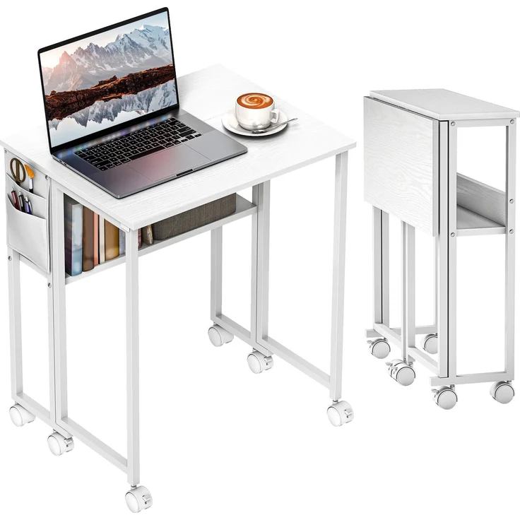 MELAYR, Faltbarer Schreibtisch, zum Beistelltisch umwandelbar, offenes Regal, Weiß, 63 x 50 x 75 cm – Bild 1