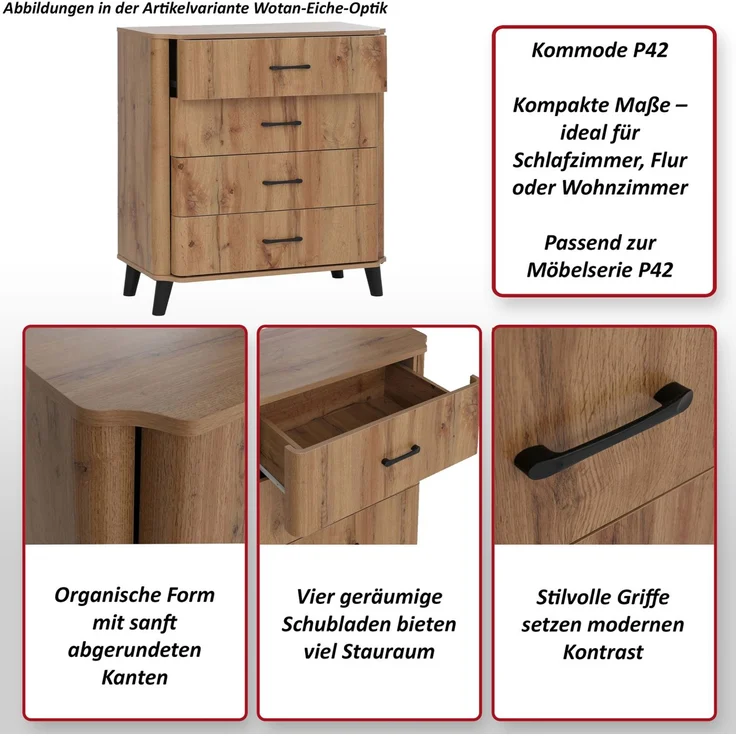 Kommode HWC-P42, Sideboard Schrank Anrichte, 4 Schubladen, MDF 92 x 80 x 40 cm ~ Wotan-Eiche-Optik – Bild 2