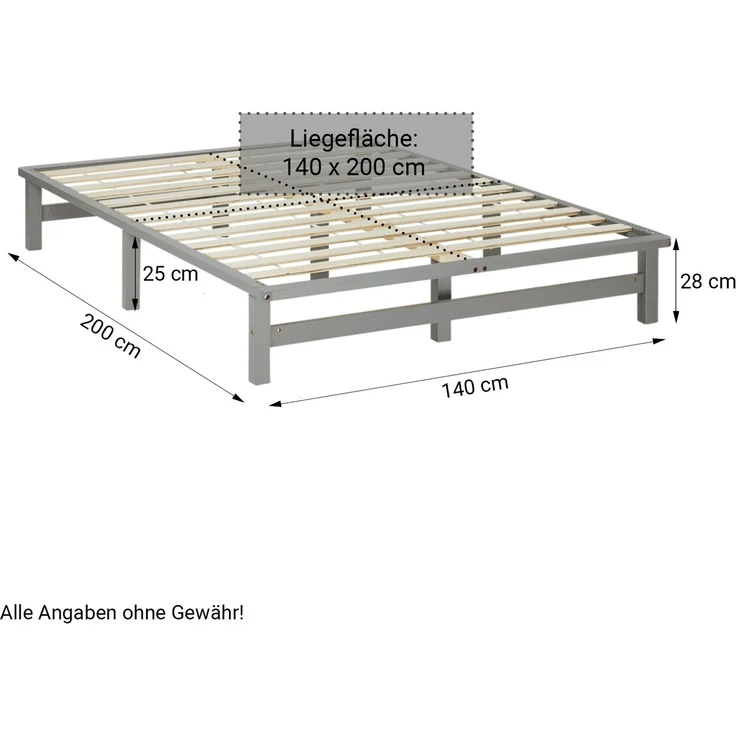 Holzbett 140x200 mit Matratze Holzbettrahmen Palettenbett Grau Doppelbett Bett Massiv Holz Bettgestell – Bild 3