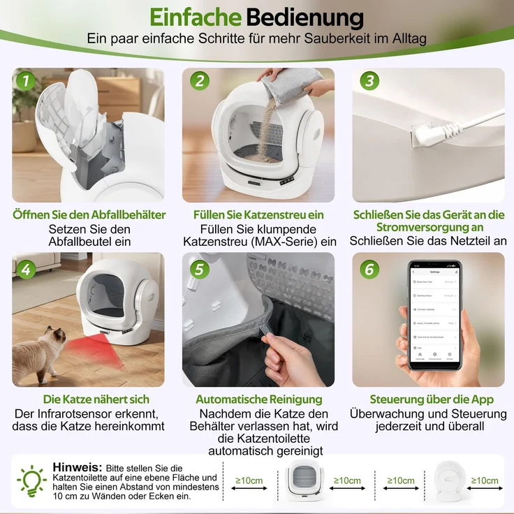 Intelligente automatische Katzentoilette mit App-Steuerung, 68L Großraum, 8L Abfallbehälter, Aromabox, Infrarot-Sicherheit, für 1–2 Katzen, selbstreinigend, leise, kindersicher--Weiß--53x45.5x56.5cm--YOUDENOVA – Bild 10