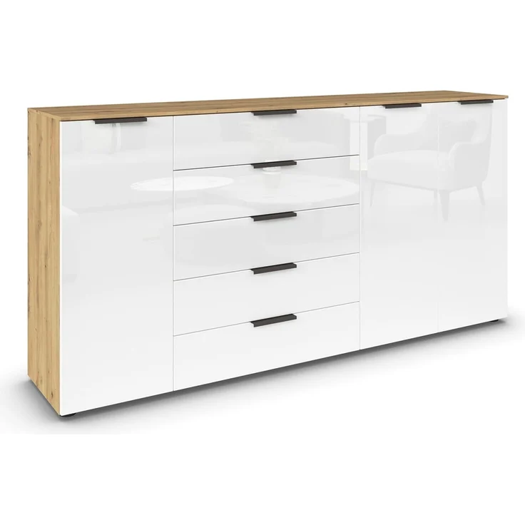 Rauch Möbel Flipp, Kombikommode, Kommode mit Stauraum für Wohnzimmer, Schlafzimmer, Flur, 4 Fachböden, Eiche Artisan/Glasfront Weiß, 3-türig, Glastüren, 5 Schubkästen, Griffe graphit, 199 x 100 x 42 cm – Bild 1