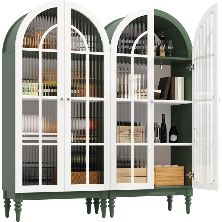 2-set Bogen-Vitrinenschrank 165cm mit Riffelglas-Doppeltüren, 3 Einlegeebenen, 2 Farben (Dunkelgrün+Weiß)--Grün--76x38.5x165cm--YOUDENOVA – Bild 6