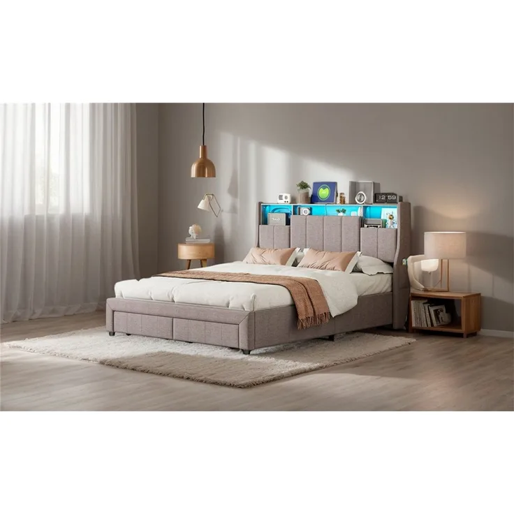 Furnishings Home Polsterbett Stauraumbett Doppelbett LED Samtstoff (1-tlg, Zwei USB + Zwei Steckdosen, Viel Stauraum), Multifunktionsbett,mit LED-Beleuchtung, Lattenrost, Leinen, 140x200 cm