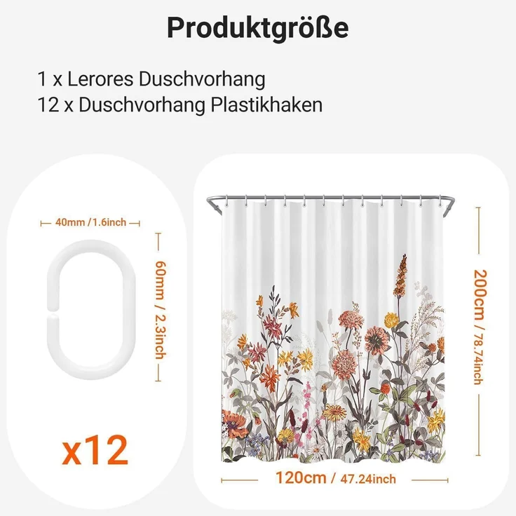 Duschvorhang Mischblumen 180x160cm Wasserabweisend 12 Ösen Badezimmer H160cm – Bild 2