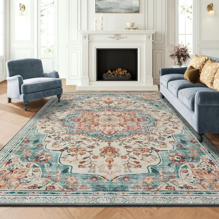 SONGMICS Vintage Teppich, 200x290 cm, Wohnzimmerteppich, Schlafzimmerteppich, Waschbarerteppich, Rutschfester Teppich, für Küche, Flur, Esszimmer, aquamarinblau TAR310Q01