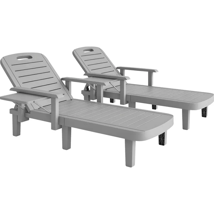 JARDJ Set aus 2 verstellbaren Gartenliegen mit Tisch und Armlehnen, aus Polypropylen, 79 x 158 x 88 cm, Hellgrau
