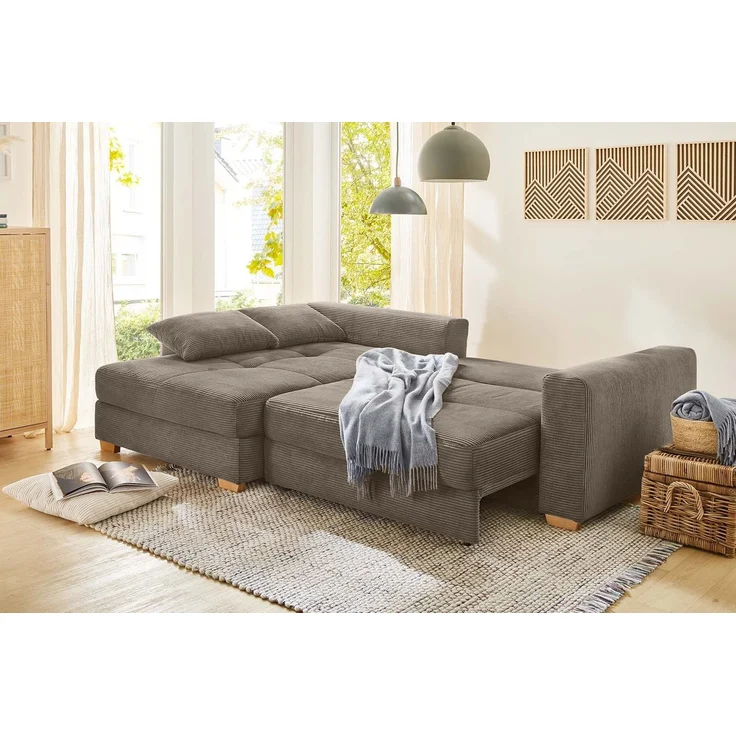 Ecksofa-Dauerschläfer Federkern Couch seitenverkehrt Bettkasten Cord Braun Taupe – Bild 6