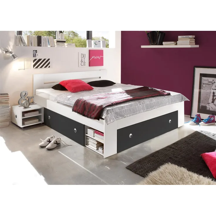Stauraumbett >Robina< in Weiß / Graphit - 145x86x204cm (BxHxT)