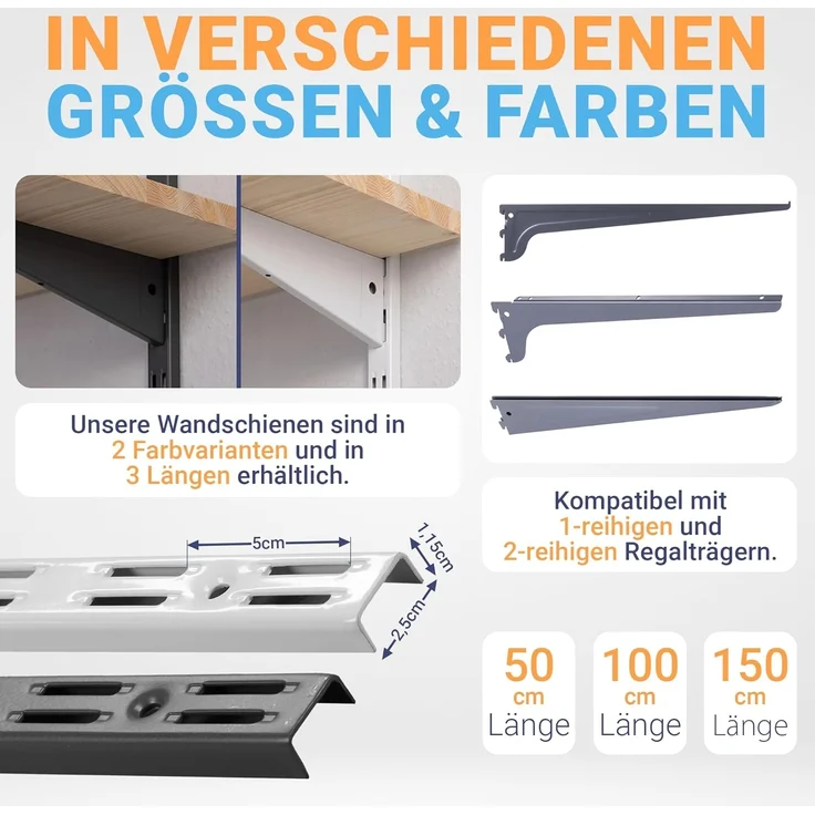 BOOMET Wandregalhalter Wandschienen für Regalsystem 2-reihig, 4-tlg, Anthrazit 50cm Regalschienen Wandregal Schiene – Bild 2