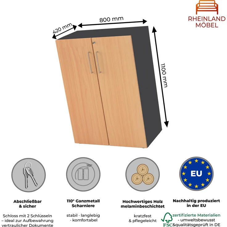 Rheinland Möbel Flügeltürenschrank Cabino 80×42×110 cm – abschließbarer Aktenschrank 3OH in Graphit/Buche mit 110° Drehtüren & Metallgriff – Bild 2