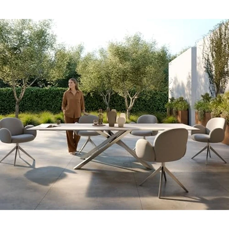 Outdoortisch Edge 300x100 cm Keramik Laminam® Travertino Bianco Creme-Weiß Kreuzgestell Rechteck Edelstahl – Bild 4