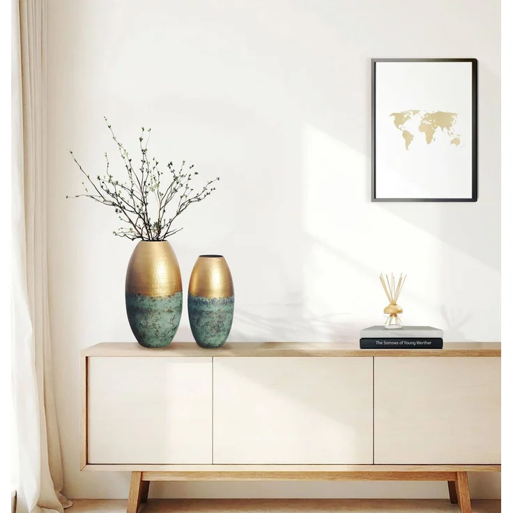 Deko Vase 2er Set Aluminium Gold Patina Modern Rund Handgefertigt – Bild 3