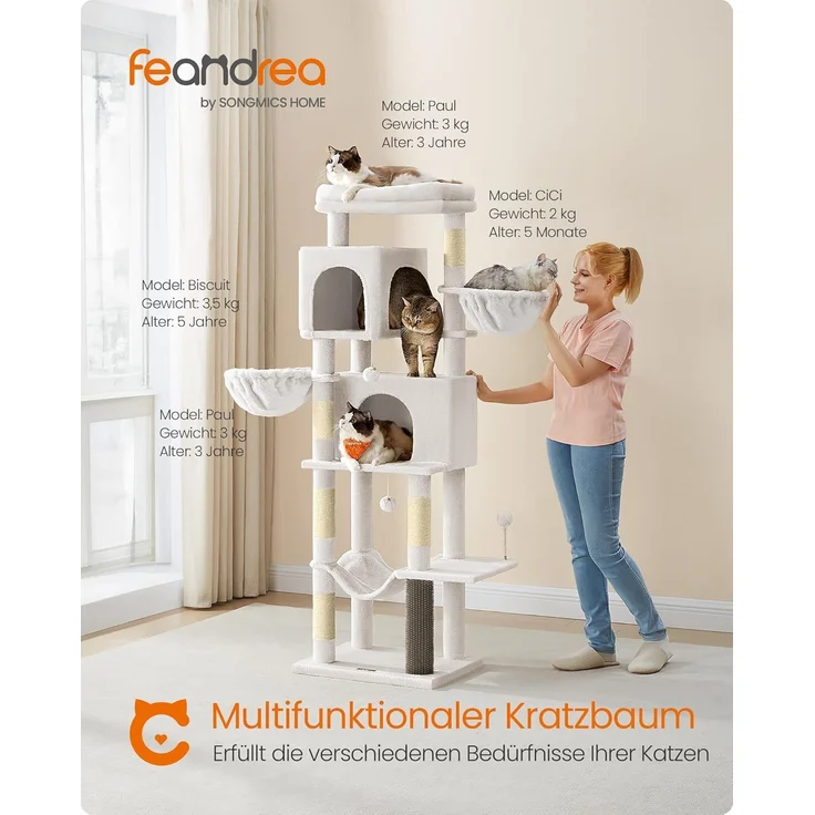 Feandrea Kratzbaum groß, 174 cm hoch, XL, mehrstöckiger Katzenbaum mit 2 Höhlen, 2 Liegemulden, 5 Kratzsäulen, Katzenbürste, große Plattform, cremeweiß – Bild 2
