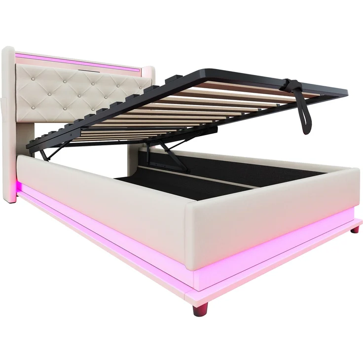 Polsterbett 90x200 cm aus Leinenstoff mit Stauraum und LED-Beleuchtung, ohne Matratze – Bild 9