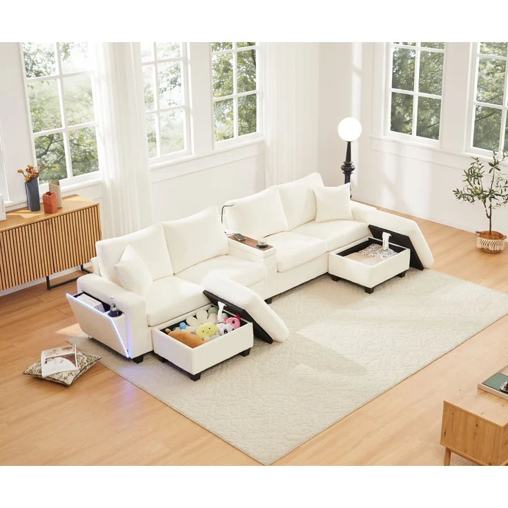 Cord-Sofa mit 2 Stauraumhockern, Leselampe, Klappkonsole, App-LED und USB-C, U-förmige Lounge-Couch mit Getränkehalter, Beige – Bild 27