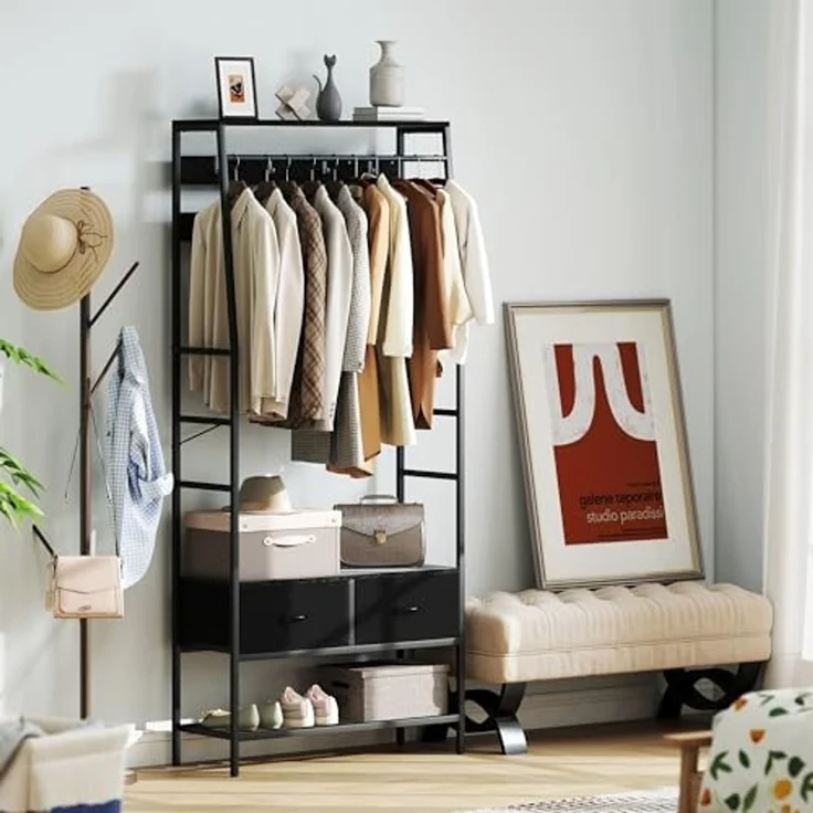 HOMCOM Garderobenständer mit Schuhregal, 2 Schubladen, 8 Haken, Ablage, (Kleiderständer, 1 St, Garderobe), für Eingangsbereich, Flur, Schlafzimmer, Schwarz – Bild 3