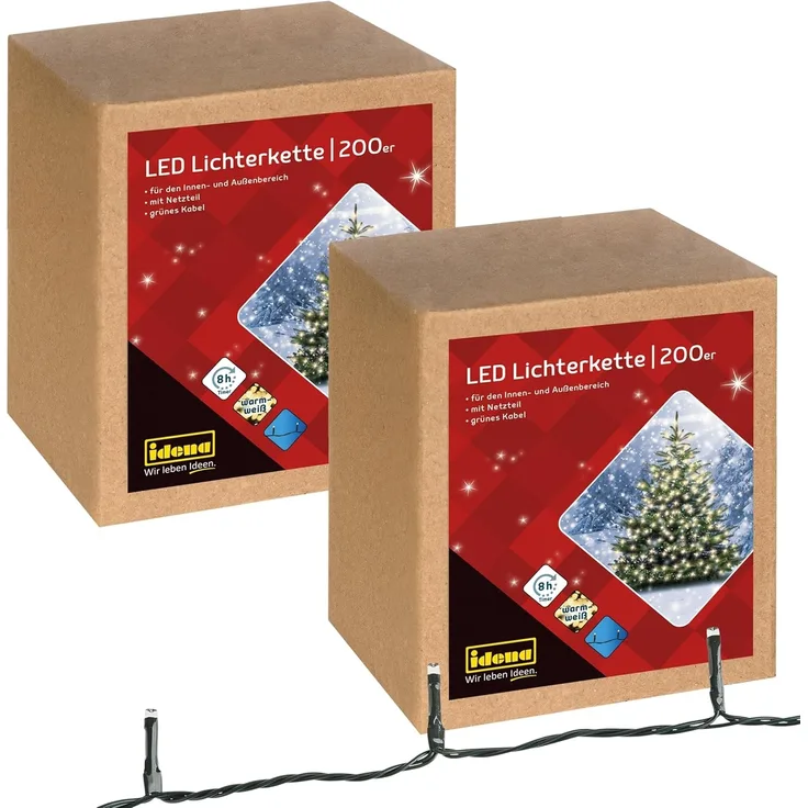 Idena 31869-2 - 2 Stück LED Lichterkette mit 200 LEDs in Gold-Gelb, für Außen & Innen, mit 8 Stunden Timer Funktion und Transformator, ca. 29,9 m lang, als Party Deko, Weihnachtsdeko