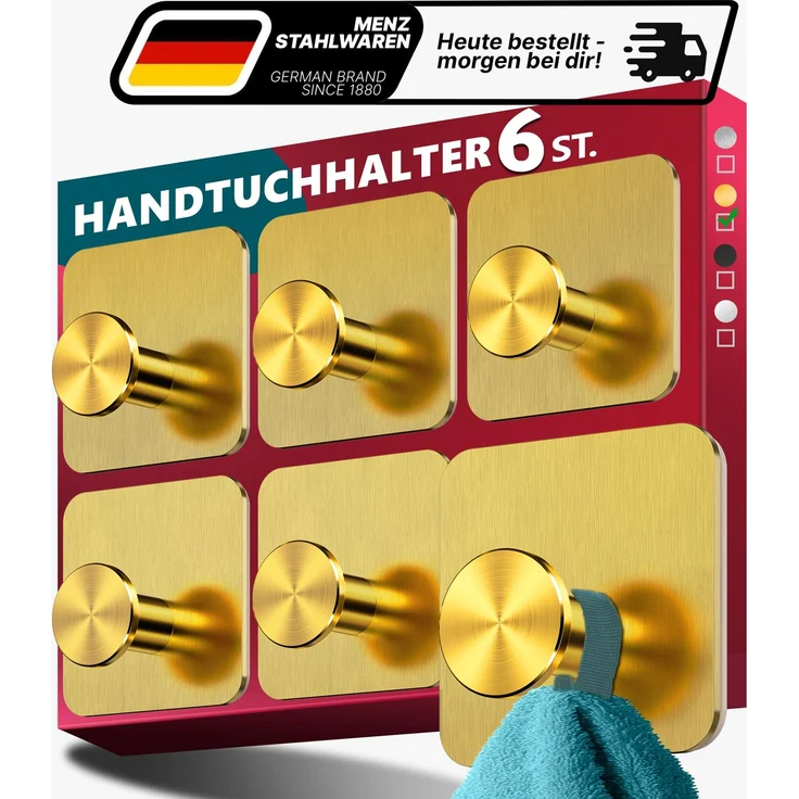 Lindenstein Wandhaken 6er-Set Gold – Edelstahl V2A, 3M-Pads, ohne Bohren – Bild 1
