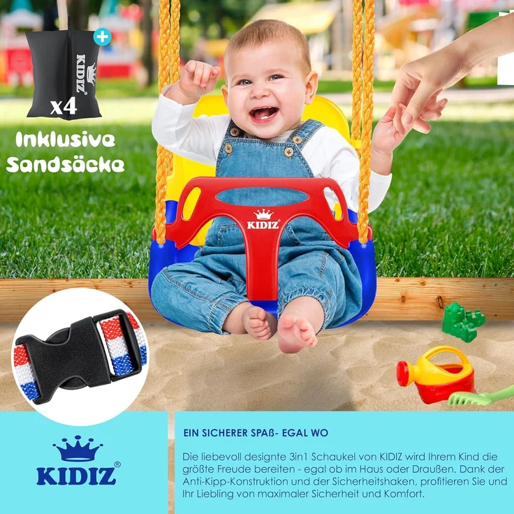 KIDIZ® Babyschaukel mit Gestell 3in1 Kinderschaukel mitwachsend für Babys ab 6 Monate & Kinder bis 10 Jahre für drinnen & draußen, bis 100kg belastbar, Schaukelgestell inkl. 4 Sandsäcke 5kg auffüllbar Bunt – Bild 3