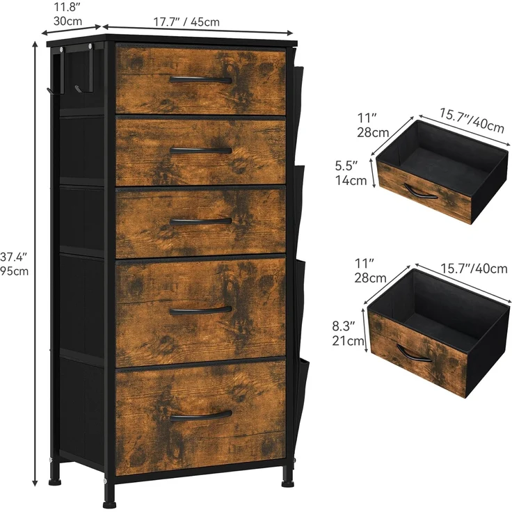 YITAHOME Kommode,Kommode mit 5 Schubladen,Schrank mit Haken und Seitentaschen,Stoffschubladen mit Griffen,Metallgestell,Dauerhaft,Rustikal Braun – Bild 3