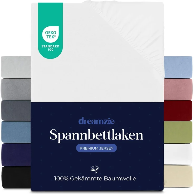 Dreamzie Premium Spannbettlaken 120x200 cm, Spannbetttuch für Dicke Matratzen bis zu 22 cm, Bettlaken 100% Jersey Baumwolle, 150 g/m², Oeko-TEX Zertifiziert - Weiß – Bild 1