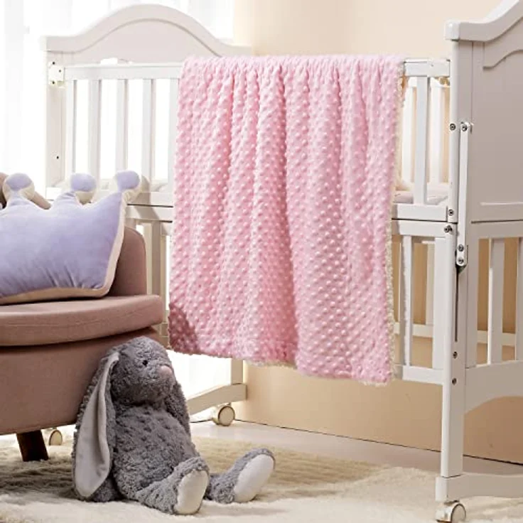 CREVENT Gemütlicher, weicher Fleece-Überwurf, warme Sherpa-Rückseite, Babydecke für Kleinkinder, Kinderbett, Kinderwagen, 75x100 cm, rosa Punkte – Bild 4