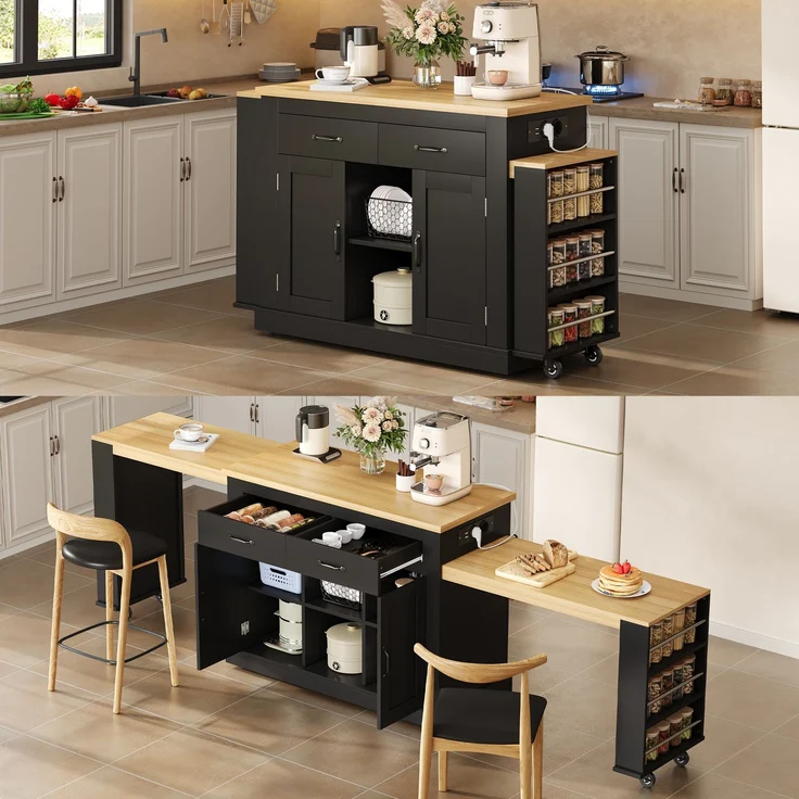 Merax 340cm Kücheninsel mit zwei ausziehbaren Arbeitsflächen,stilvolle mobile Insel,verstellbare Regalböden,2x220V-Steckdosen,2xUSB-Anschlüsse, Schwarz – Bild 1
