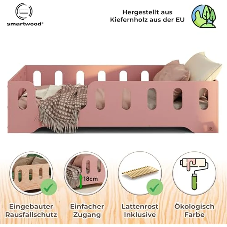 smartwood Kinderbett Bodenbett 80x180 mit Rausfallschutz & Lattenrost - Rosa - Kinder Montessori Bett TILA 2L mit glatten Kanten - Betten für schnelle Montage - Bis 230 kg belastbar – Bild 4