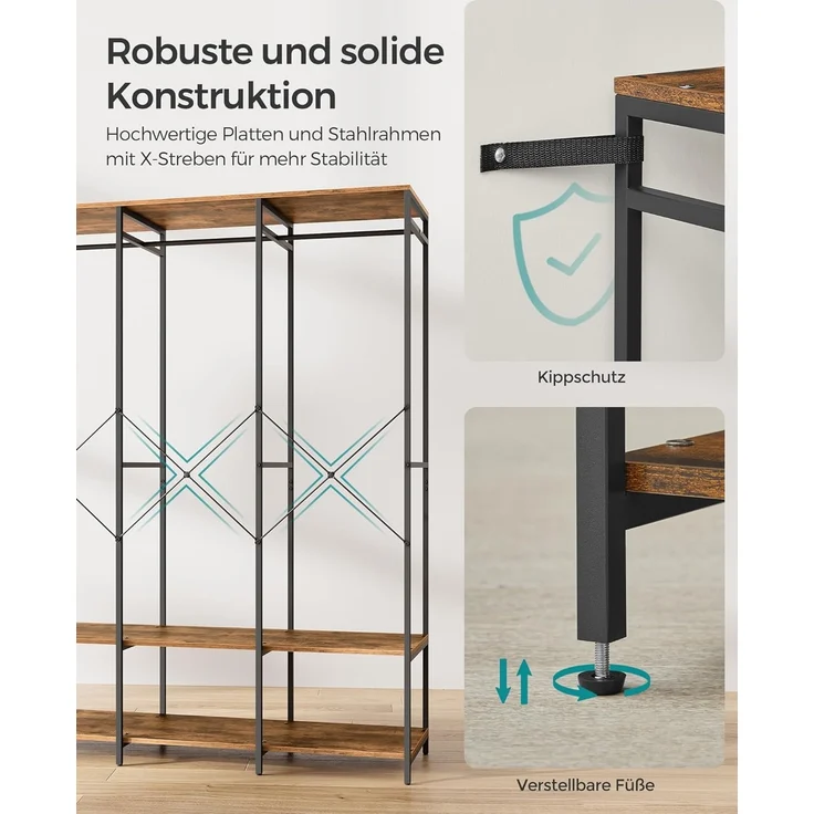 SONGMICS Kleiderschrank offen, Kleiderständer, Garderobenständer, Garderobe mit Kleiderstange, Ablagen, abnehmbare Haken, 40 x 141 x 180 cm, vintagebraun RGR005B01 – Bild 5