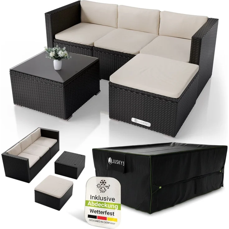 Juskys Polyrattan Lounge Punta Cana M schwarz inkl. Abdeckung – Gartenlounge Set für 3-4 Personen – Sitzgruppe mit Sofa, Tisch & Hocker - Sitzbezüge in Creme – Bild 1