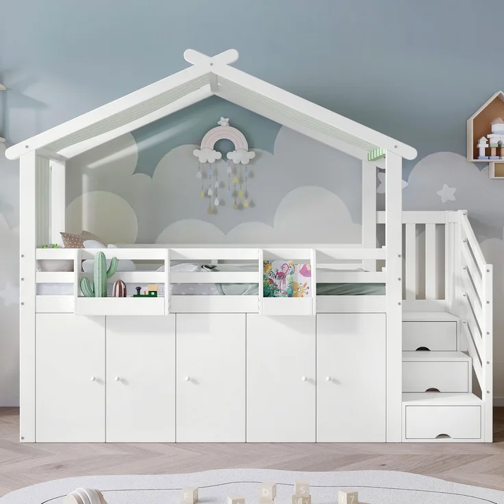 Bett 90x200 cm Etagenbett mit Stauraum und Fallschutzgitter – Weiß/Grün, mit Kleiderschrank