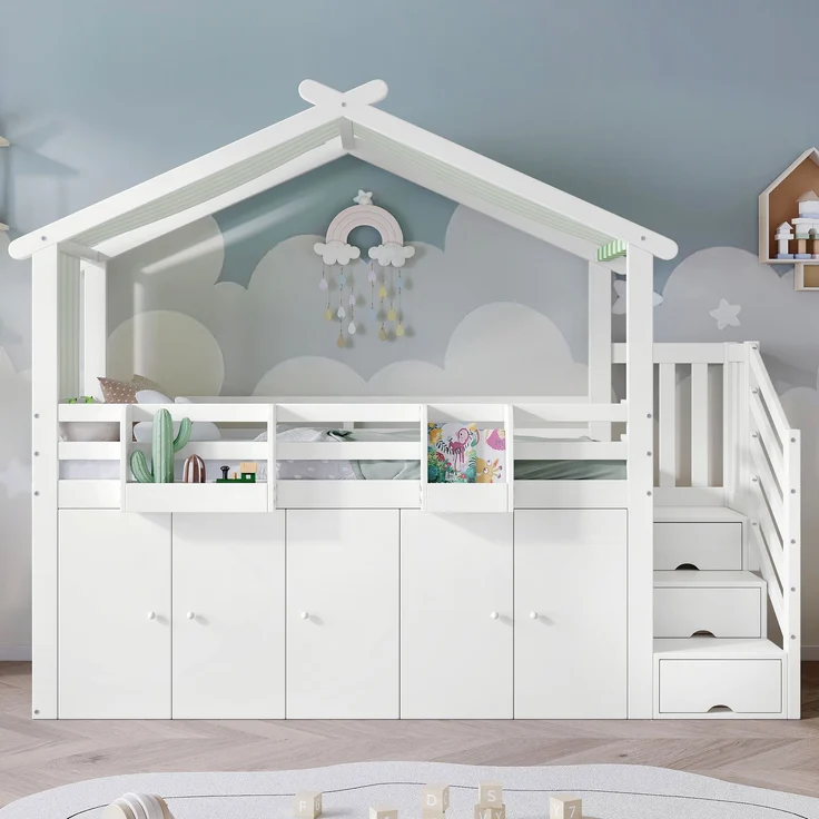 Bett 90x200 cm Etagenbett mit Stauraum und Fallschutzgitter – Weiß/Grün, mit Kleiderschrank – Bild 1
