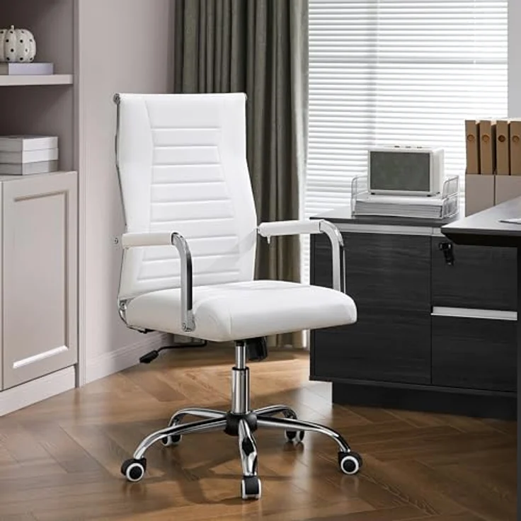 Yaheetech Bürostuhl ergonomischer Schreibtischstuhl mit Armlehnen, Chefsessel Computerstuhl hoher Rückenlehne, Arbeitsstuhl mit Wippfunktion bis 136 kg Belastbar Weiß – Bild 3