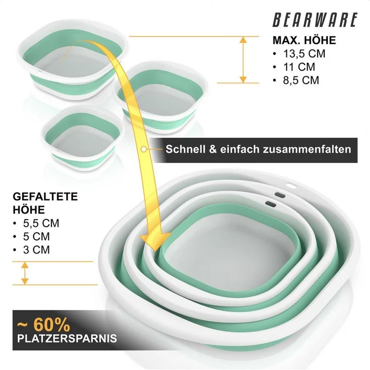 BEARWARE Schüssel Faltbares Waschbecken-Set, 3-tlg. (3 l + 5 l + 9 l), Waschschüssel, (Set, 3-tlg), wasserdicht, platzsparend verstaubar, mit Aufhängeöse, für Haushalt – Bild 3