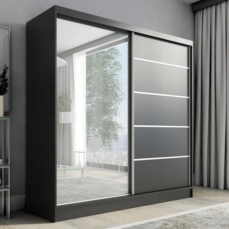A&J MöbelLand Schwebetürenschrank NERO 200 cm mit Spiegel drei Schubladen – Bild 1