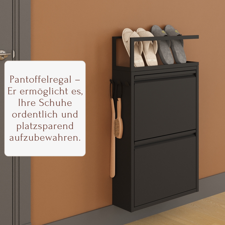 Schuhkipper mit Zubehör, Schwarz, 2 Klappen 52x15x85,5 cm, Pantoffelregal, Hakenleiste
